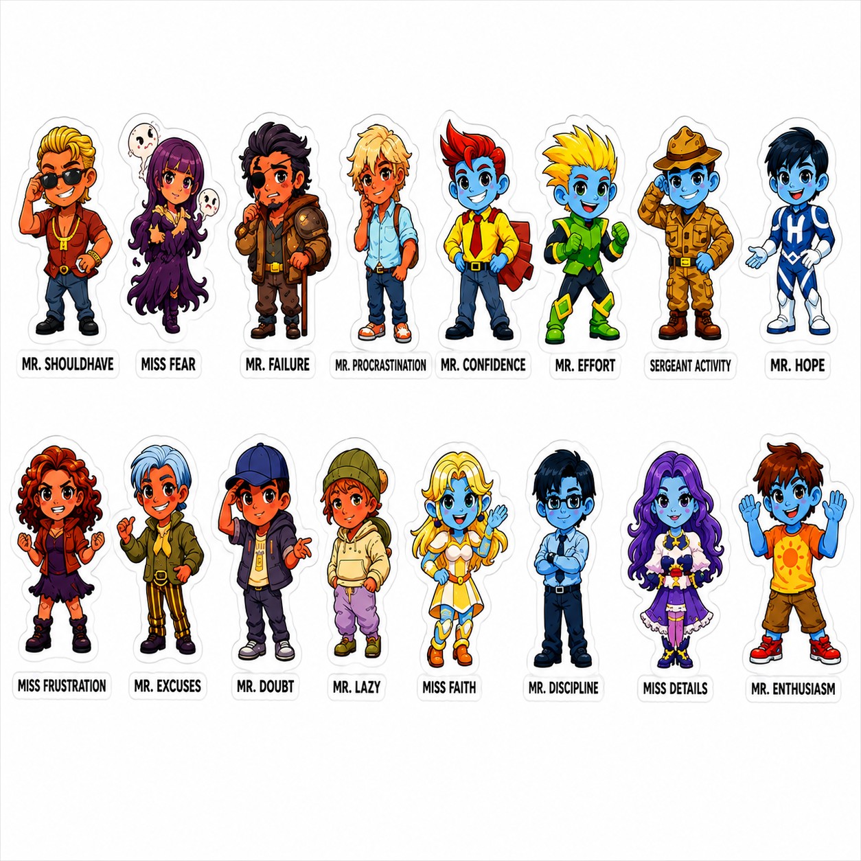 All 16 Let's Be Fantastic characters: the Oh Nos — Mr. Should Have, Miss Fear, Mr. Failure, Mr. Procrastination, Miss Frustration, Mr. Excuses, Mr. Doubt and Mr. Lazy — and the Let's Gos — Mr. Confidence, Mr. Effort, Sergeant Activity, Mr. Hope, Miss Faith, Mr. Discipline, Miss Details and Mr. Enthusiasm